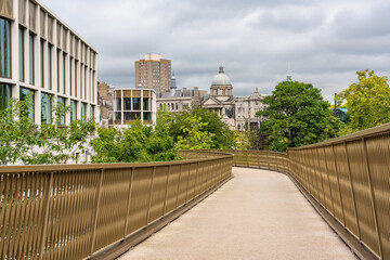 Bridge over the city and streets of Aberdeen with historic and old buildings, Scotland.
