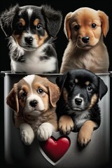 puppies on a black background, very cute arranged with a red heart of mexico decoration