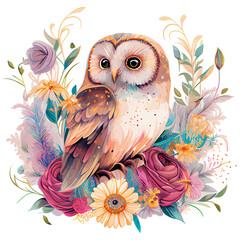 owl on a branch with flowers
