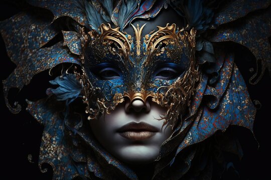 person with elegant carnival mask of venice, dark background dull blue colors