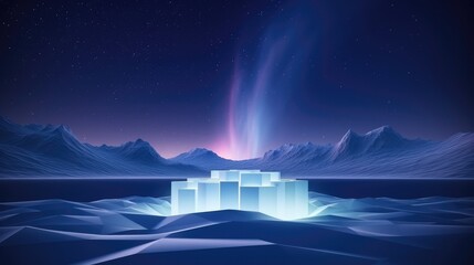 A 3D render showcasing a snowy landscape where the mountain peaks take a unique cube-shape, accompanied by frosted trees