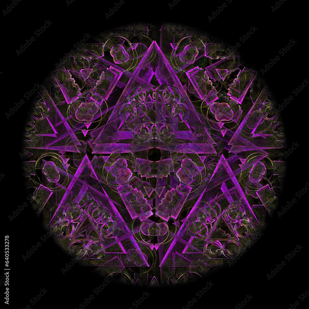 Poster neon purple repeating triangular deign on a black background in square format