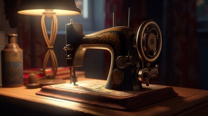 Fototapeta na wymiar vintage sewing machine with a spool of thread Ai Generate