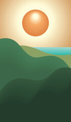 Abstract green mountain, sea and sun. Curved smooth.