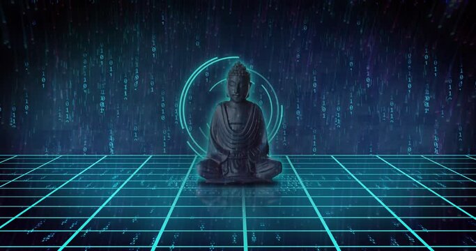 Animation of buddha with scope scanning and binary coding on black background