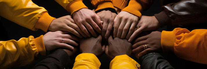 Multikulti Hände für den Zusammenhalt als Team greifen sich in Querformat als Banner, ai generativ