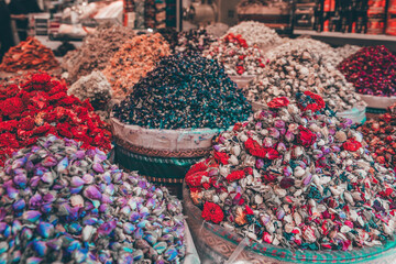 Herbal tee. Various sorts of tea and spices at Egypt Bazaar (Misir Carsisi) in Istanbul, Turkey (Turkiye). Selected focus, copy space, toning