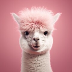 Naklejka premium Head of a alpaca smile with pink hair on a pink background