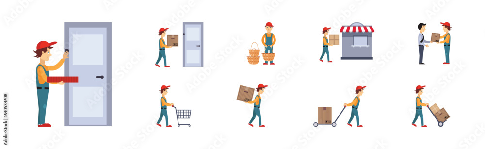 Aufkleber man carrier in red cap working in delivery service vector set