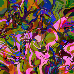 Abstract bright multicolor psychedelic wavy layered pattern Mixed chaotic geometric mosaic elements in motion