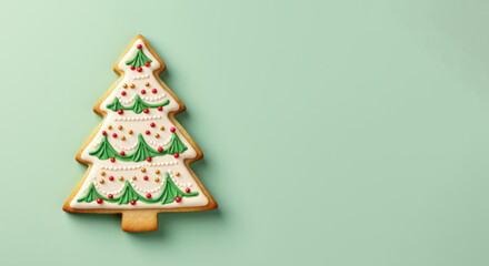 gingerbread sugar tree with christmas patterns on plain blue background banner