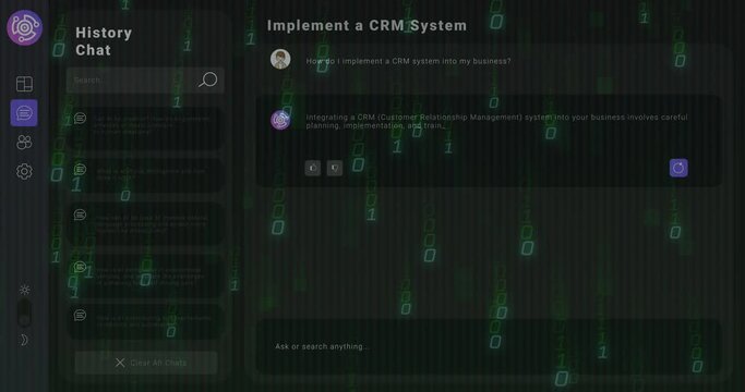 Animation of binary coding and ai chat on black background