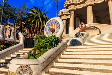 Poster Entrance of Park Guell designed by Antoni Gaudi in Barcelona, Spain © olyasolodenko