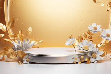 Golden and silver slice podium and Lovely spring flowers and leaves Concept scene stage showcase for new product, promotion sale, banner, presentation, cosmetic theatre background