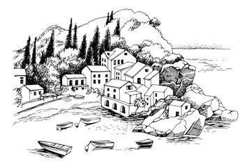 Illustration of a coastal village in Montenegro