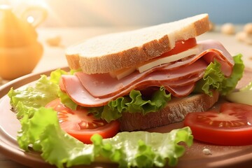 Obraz premium Closeup Sandwich Bologna Sauce with tomato slice, lettuce , bread, sliced meat
