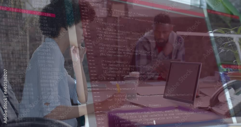 Poster animation of data processing over diverse business people working in office