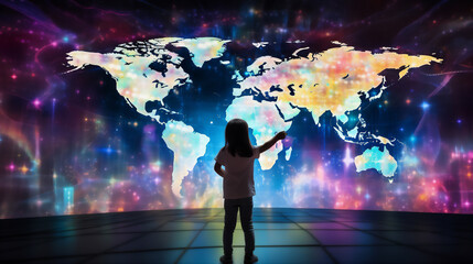 a child standing in front vertical glowing world map hologram and touch it with finger, full body boy, super wide lens, futuristic light, hyper realistic, beautiful dreammy light, beautiful curve