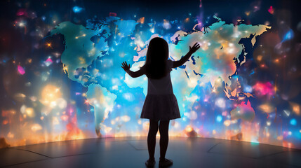 a child standing in front vertical glowing world map hologram and touch it with finger, full body boy, super wide lens, futuristic light, hyper realistic, beautiful dreammy light, beautiful curve