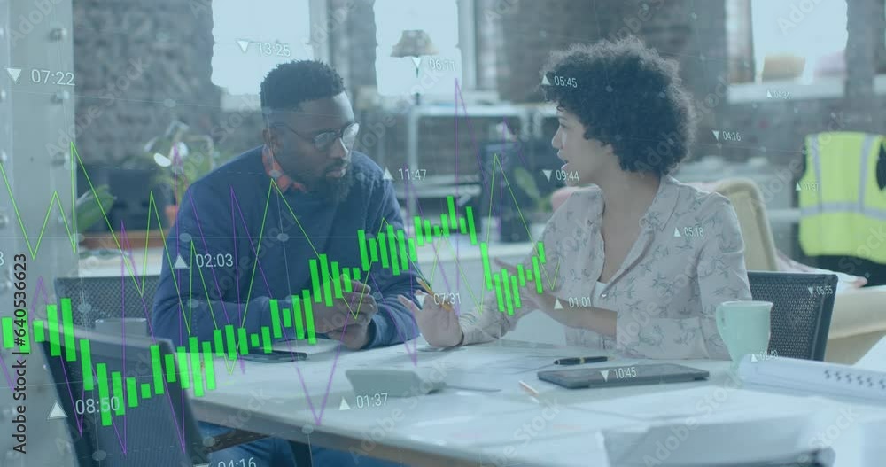 Poster animation of data processing over diverse business people discussing work in office