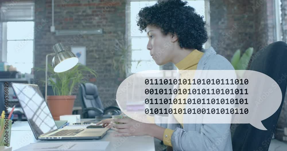 Poster animation of binary coding over biracial businesswoman having lunch in office
