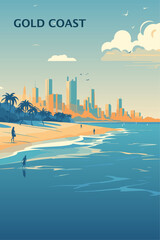 Australia Gold Coast city skyline poster with abstract shapes of landmarks and coastline. Vintage travel Queensland australian beach with cityscape vector illustration © Anastasiia