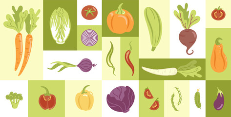 Harvest Festival. Big set of vegetables in flat style. Various fresh vegetarian products. agriculture design elements. Healthy lifestyle. For stickers, posters, design elements.