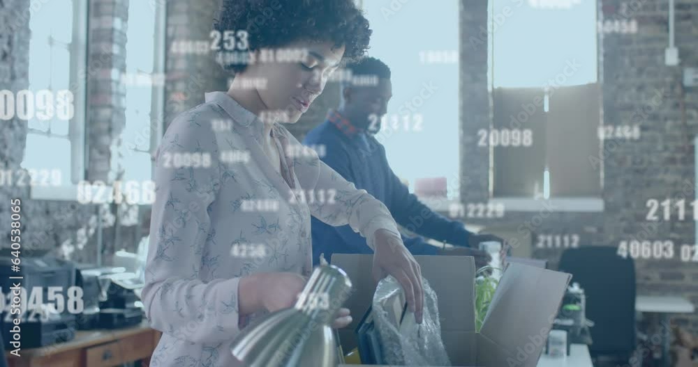 Poster animation of data processing over diverse colleagues working in office