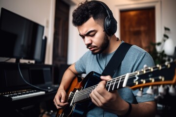 Fototapeta na wymiar shot of a young man using headphones while playing the guitar at home