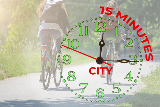 Symbolbild 15-Minuten-Stadt: Fahrradfahrer auf einem Radweg im Grünen und eine Uhr die fünfzehn Minuten anzeigt (Composing)