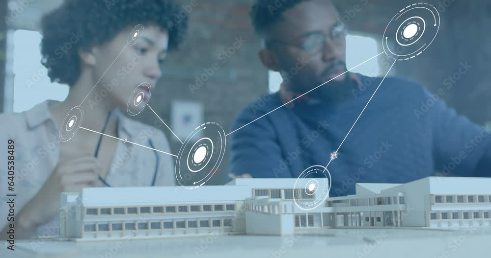 Poster animation of network of connections over diverse colleagues discussing with model in office