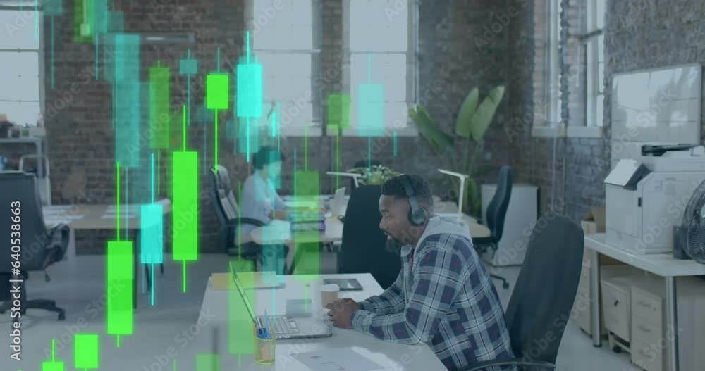 Poster animation of data processing and diagrams over diverse colleagues working in office