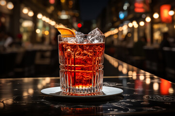 Cocktail Negroni with gin, campari martini rosso and orange. negroni cocktail at the bar. generative ai