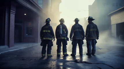 Firemans wearing firefighter turnouts and helmet. Dark background with smoke and blue light.