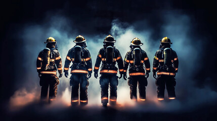 Firemans wearing firefighter turnouts and helmet. Dark background with smoke and blue light.