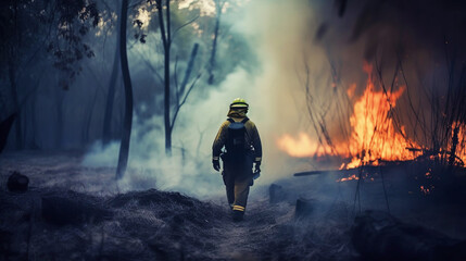 Firemans wearing firefighter turnouts and helmet. Dark background with smoke and blue light.
