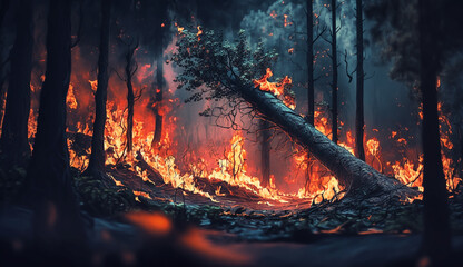 Intense flames from a massive forest fire. Flames light up the night as they rage thru pine forests and sage brush.
