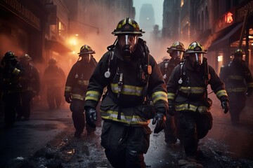 Fototapeta premium Firefighters are walking in the city near the fire. Catastrophe. generative ai.