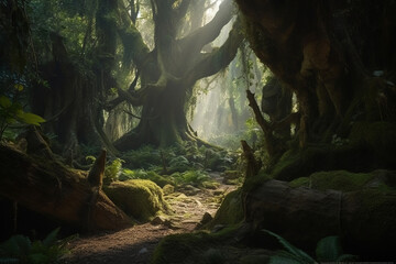 Magic fairytale enchanted forest with big trees and lush vegetation