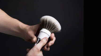 hand is holding a Shaving Brush.  - obrazy, fototapety, plakaty