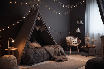 Child room in scandinavian style with natural colors. Interior of cozy kids bedroom.