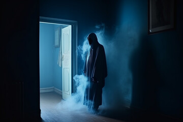 Creepy ghost in dark haunted house. Halloween concept.Generative ai