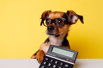 Cute dog in glasses with surprised eyes counting taxes, - obrazy, fototapety, plakaty