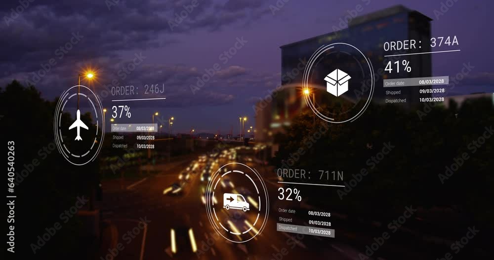 Poster animation of icons with data processing over cityscape