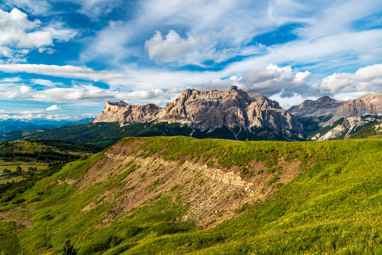 Beautiful view from hiking trail bezween Pralongia and Setsass in the Dolomites