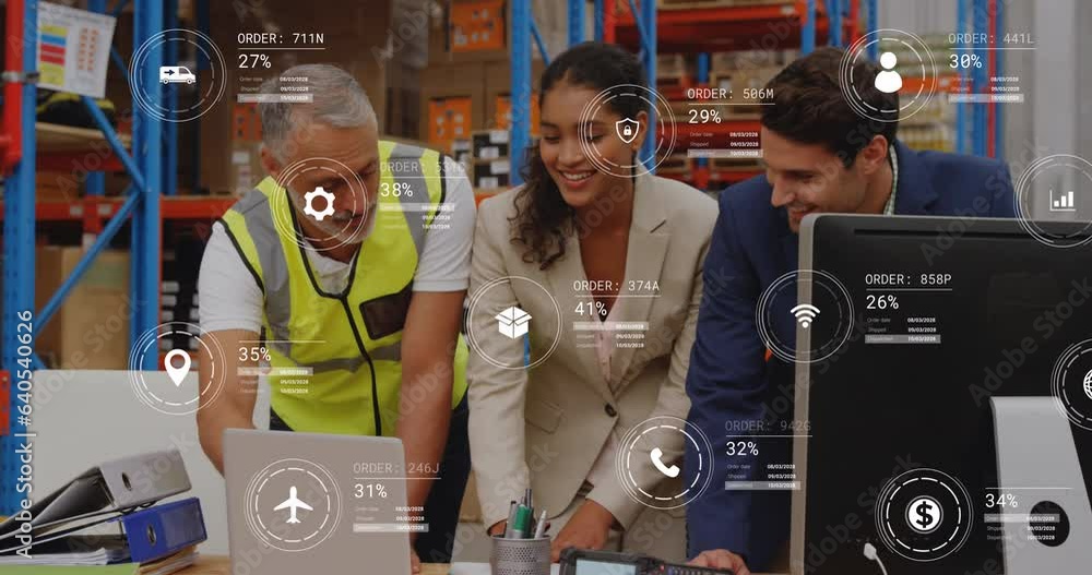 Poster animation of icons with data processing over diverse workers using laptop in warehouse