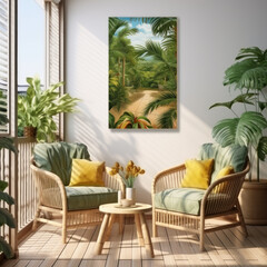  tropical balcony with rattan furniture and green 
