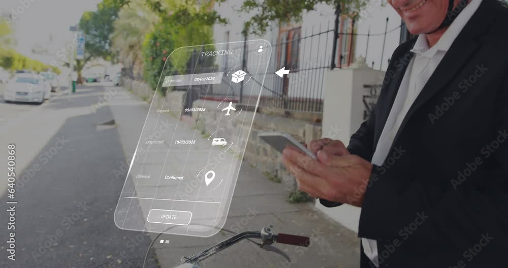 Poster animation of digital interface with data processing over caucasian man using smartphone on bike