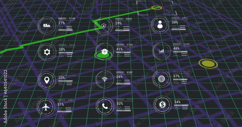 Poster animation of icons with data processing over city map