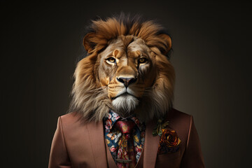 a smart lion wearing dark business suit